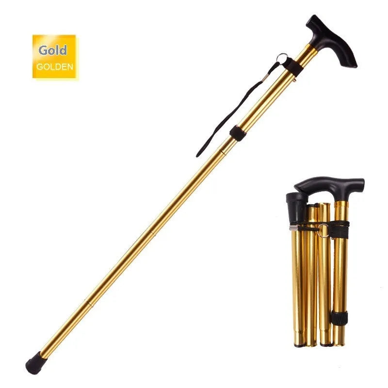 Aluminium folding walking cane with a non-slip handle, shown extended and in silver colour.