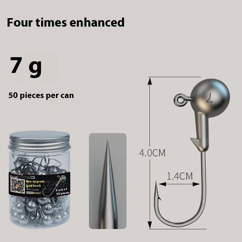 Set of 50 enhanced strength lead-headed jig hooks in primary colours for fishing