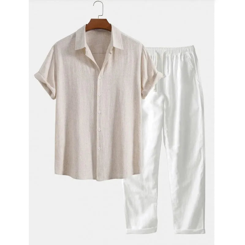 Men's casual linen blend short sleeve shirt and full-length trousers set on a hanger.