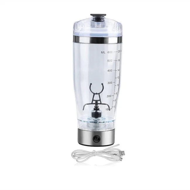 Electric protein shake stirrer with USB rechargeable base, 450ml clear cup, and 304 stainless steel bottleneck ring