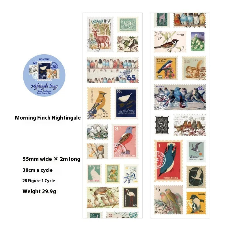 Coated paper stamp roll for retro journal decoration, 55mm wide, 2m long, four colour collections