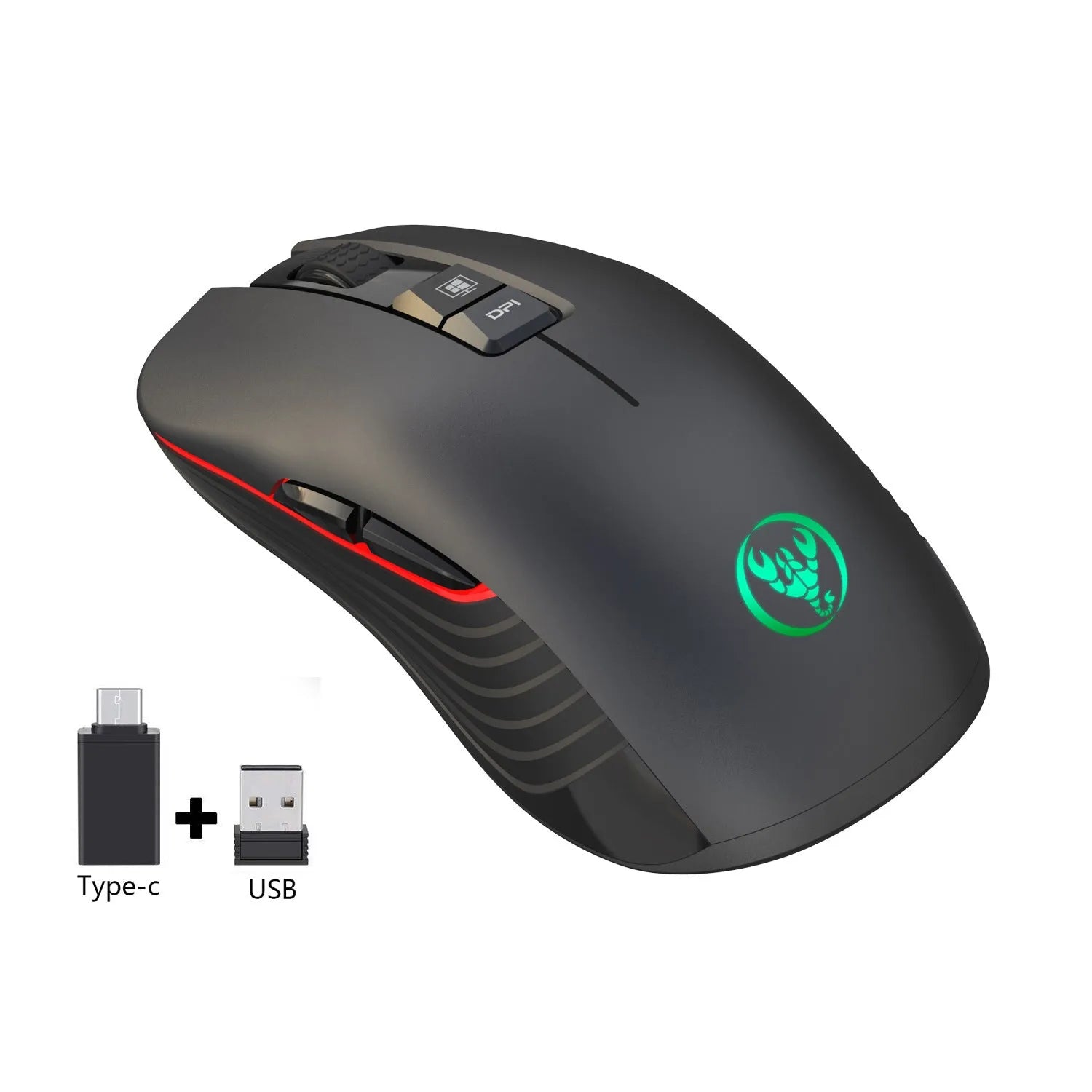Black wireless gaming mouse with RGB lighting showing adjustable DPI buttons and ergonomic design