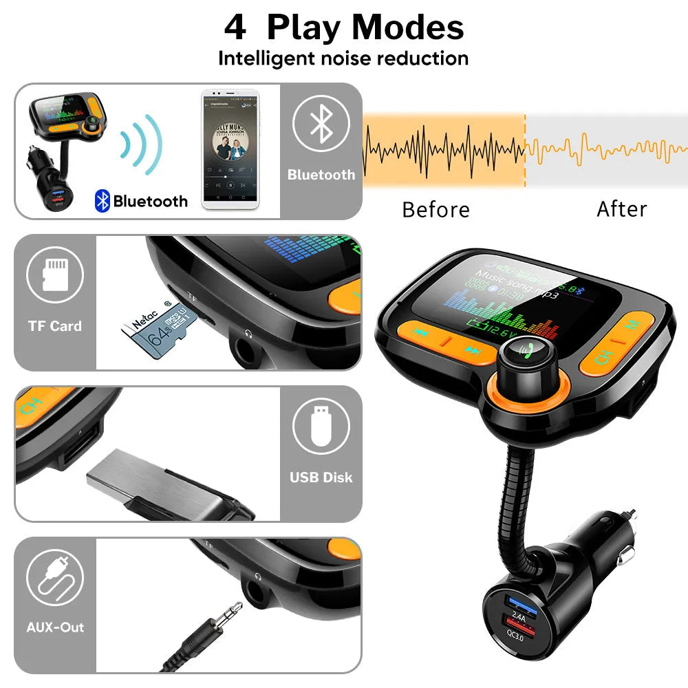 Car Bluetooth multi-function player with 1.77 inch OLED colour screen, QC 3.0 dual USB ports, and adjustable hose for cigarette lighter socket
