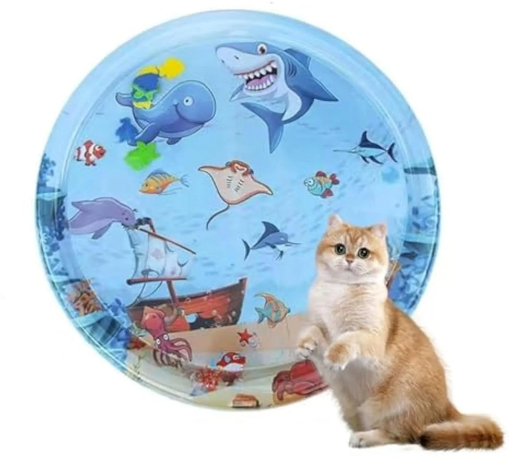Blue 90cm diameter cat water sensory playmat with floating ocean fish toys inside.