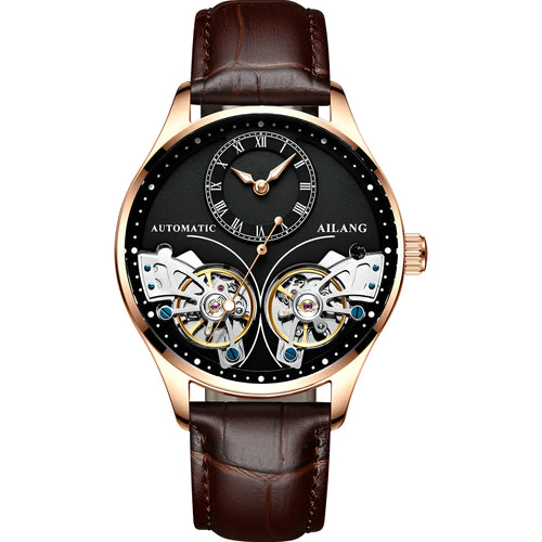 Automatic men's wristwatch with titanium case, round black dial showing tourbillon and moon phase.