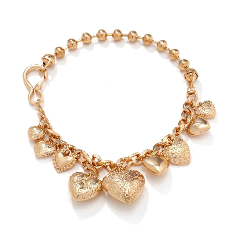 Gold alloy carved heart pendant necklace on adjustable metal chain