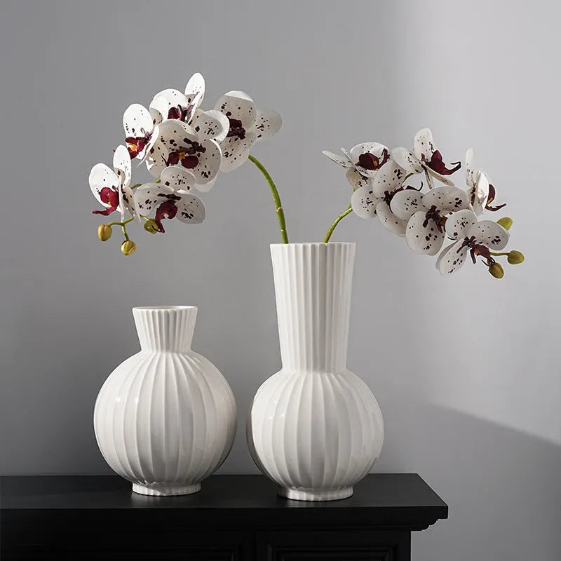 White ceramic ball striped vase in American country style with optional artificial orchid arrangements