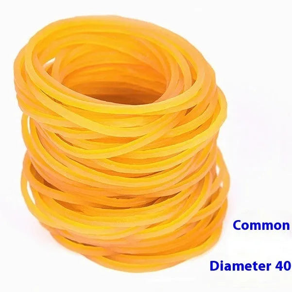500g bulk pack of yellow rubber bands showing seven different diameters from 16mm to 70mm