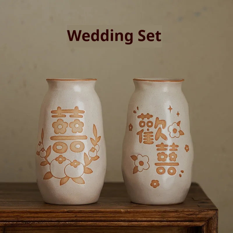 Chinese hand-painted ceramic joy vase with traditional carving on 8cm base