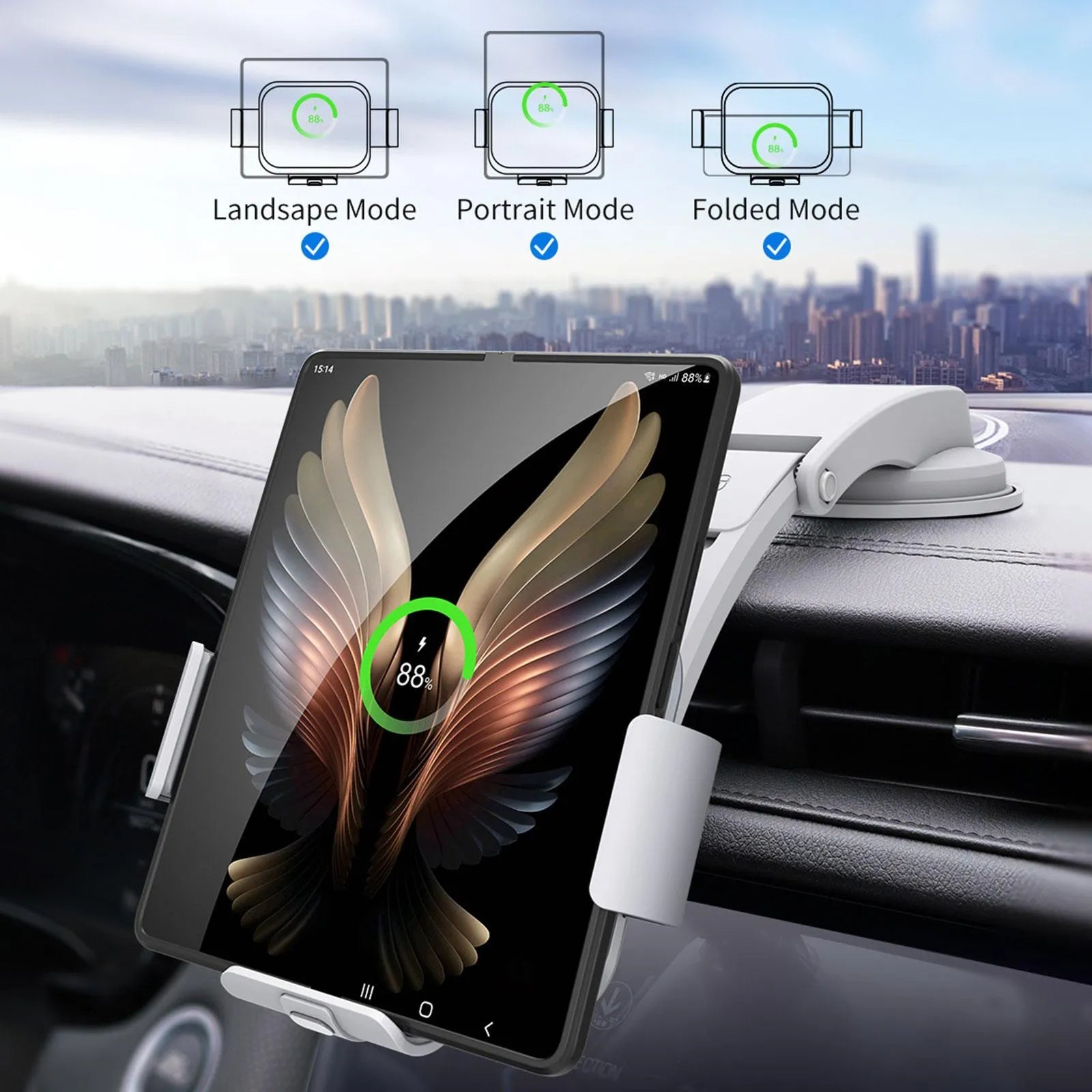 Grey wireless charging car phone holder with folding screen showing air conditioner clip and suction cup mounting options