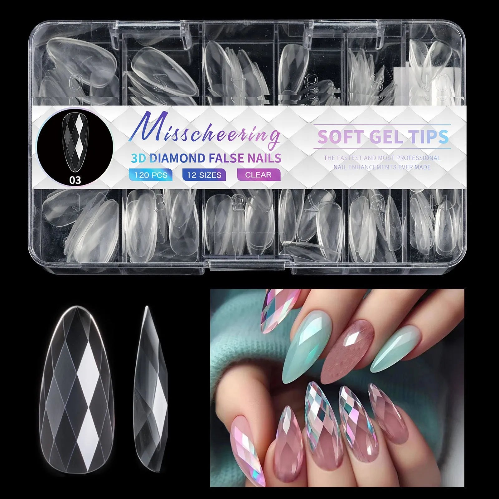 Box of long, shaped false nail tips with glittering diamond texture in various pink and white colours.