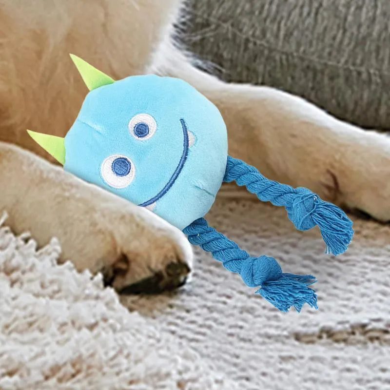 Blue and yellow cartoon dog squeaky toys with strong knot design and cotton rope texture