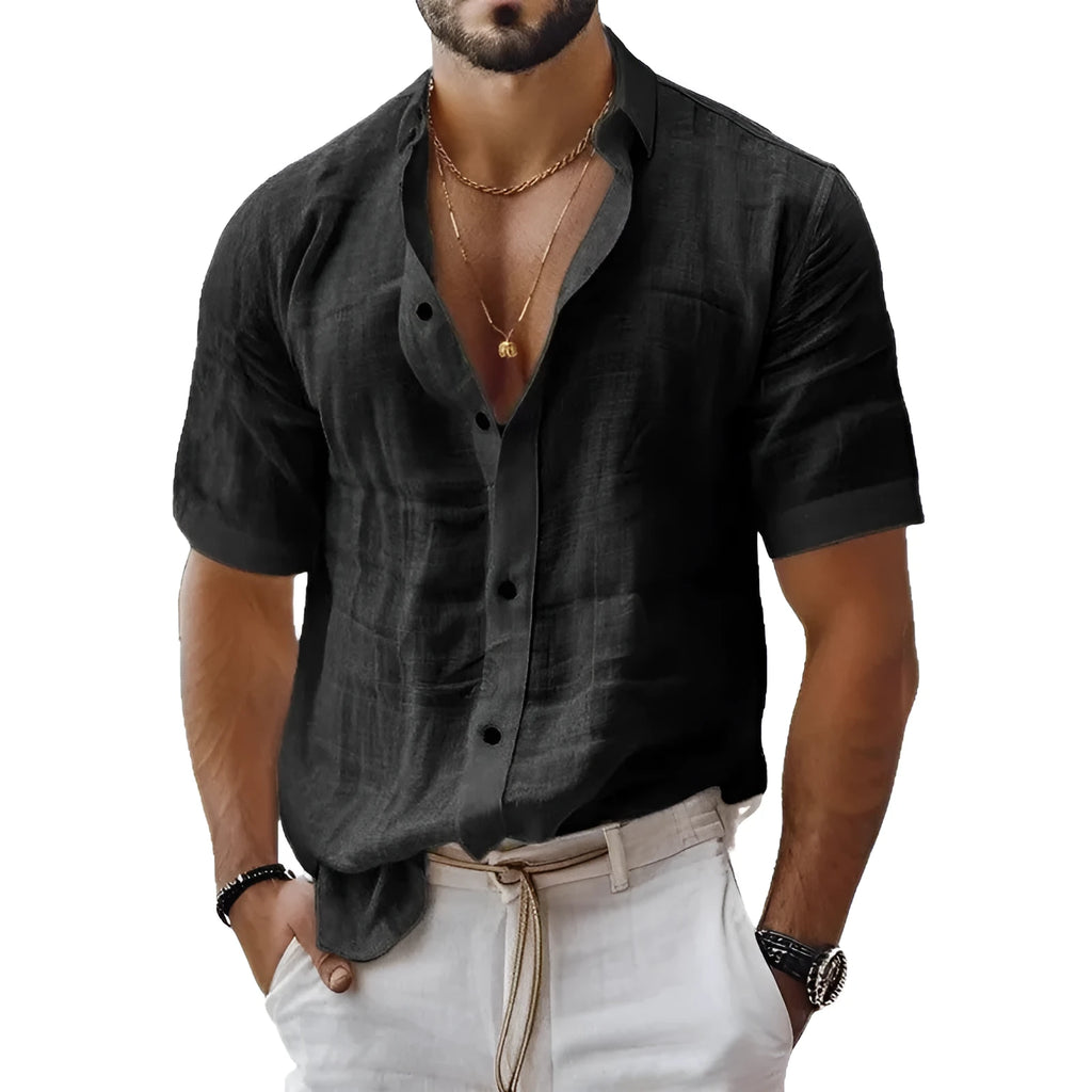 Men's short sleeve lapel shirt in solid colour with cardigan style design
