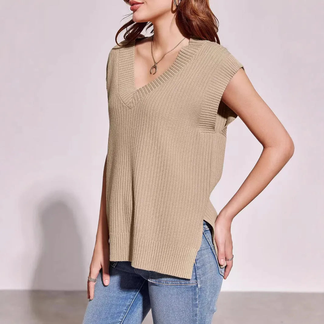 V-neck sleeveless loose pullover vest in camel colour with stripe pattern