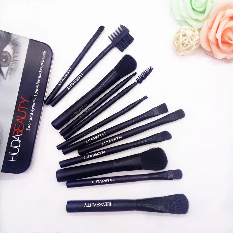 12-piece black makeup brush set in iron box with wooden handles and silk nylon bristles