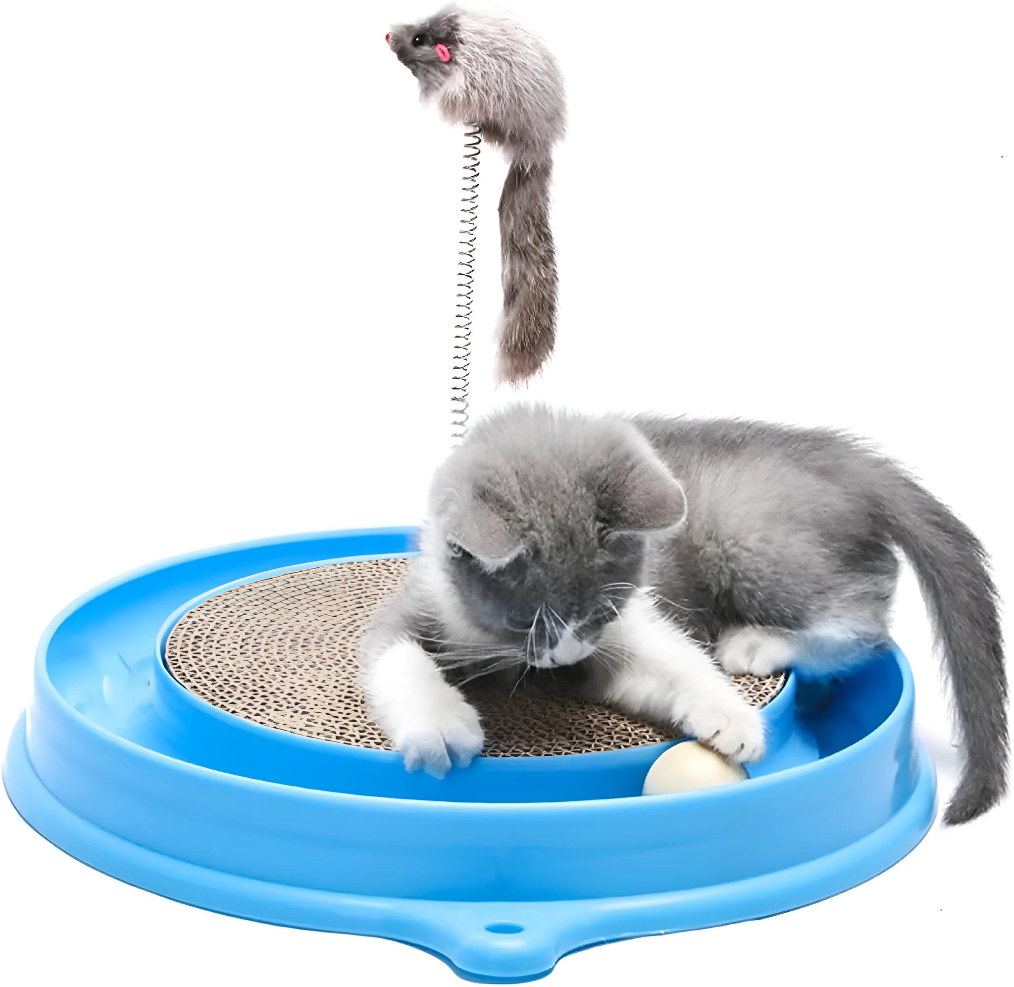 Blue interactive cat scratcher with ball track and replaceable corrugated cardboard scratching pad