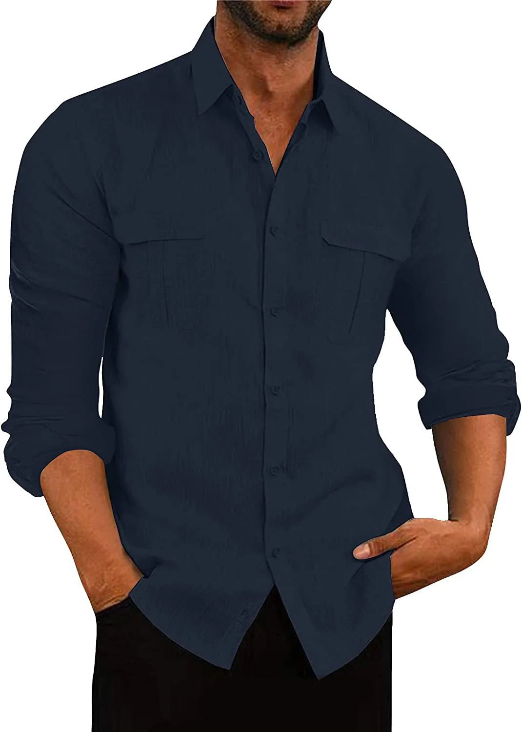 Men's double pocket cotton-linen pullover shirt in loose fit lapel collar style