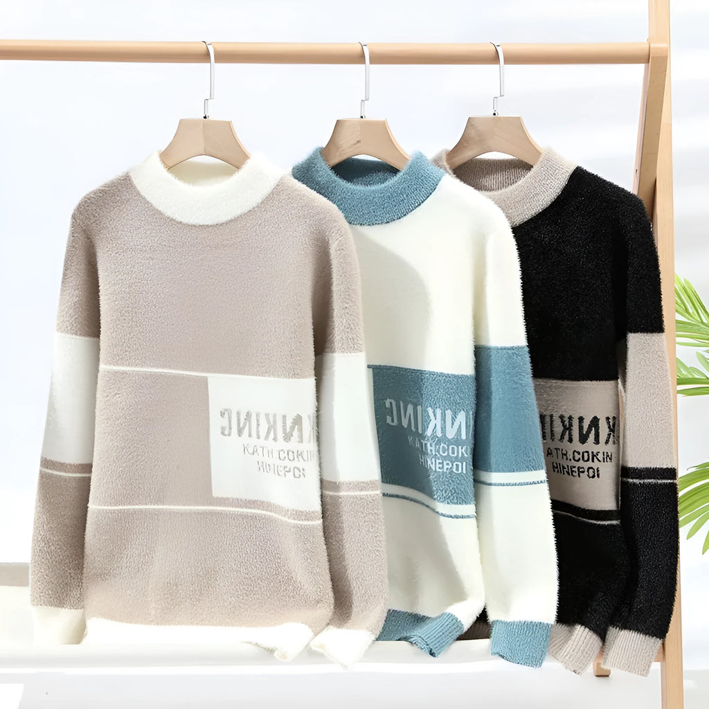 Semi-high neck thickened rabbit hair blend sweater in khaki, slim fit pullover for teenagers