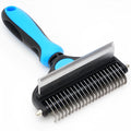 Two-in-one pet hair unknotting comb with stainless steel teeth and ABS TPR handle, available in black, blue, or pink