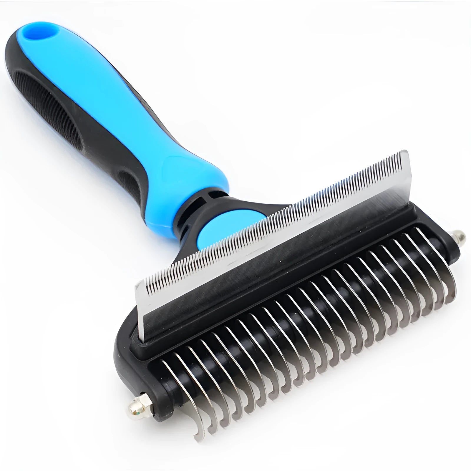 Two-in-one pet hair unknotting comb with stainless steel teeth and ABS TPR handle, available in black, blue, or pink
