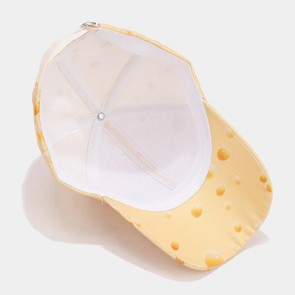 Cheese pattern printed adjustable peaked cap with dome crown style