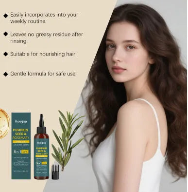 Rosemary essential oil hair care kit showing 100ml bottle, pointed nozzle, and wide-tooth comb.