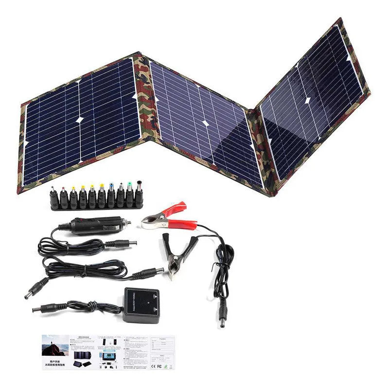 Black foldable solar panel measuring 87cm by 28.5cm with car charger and USB accessories