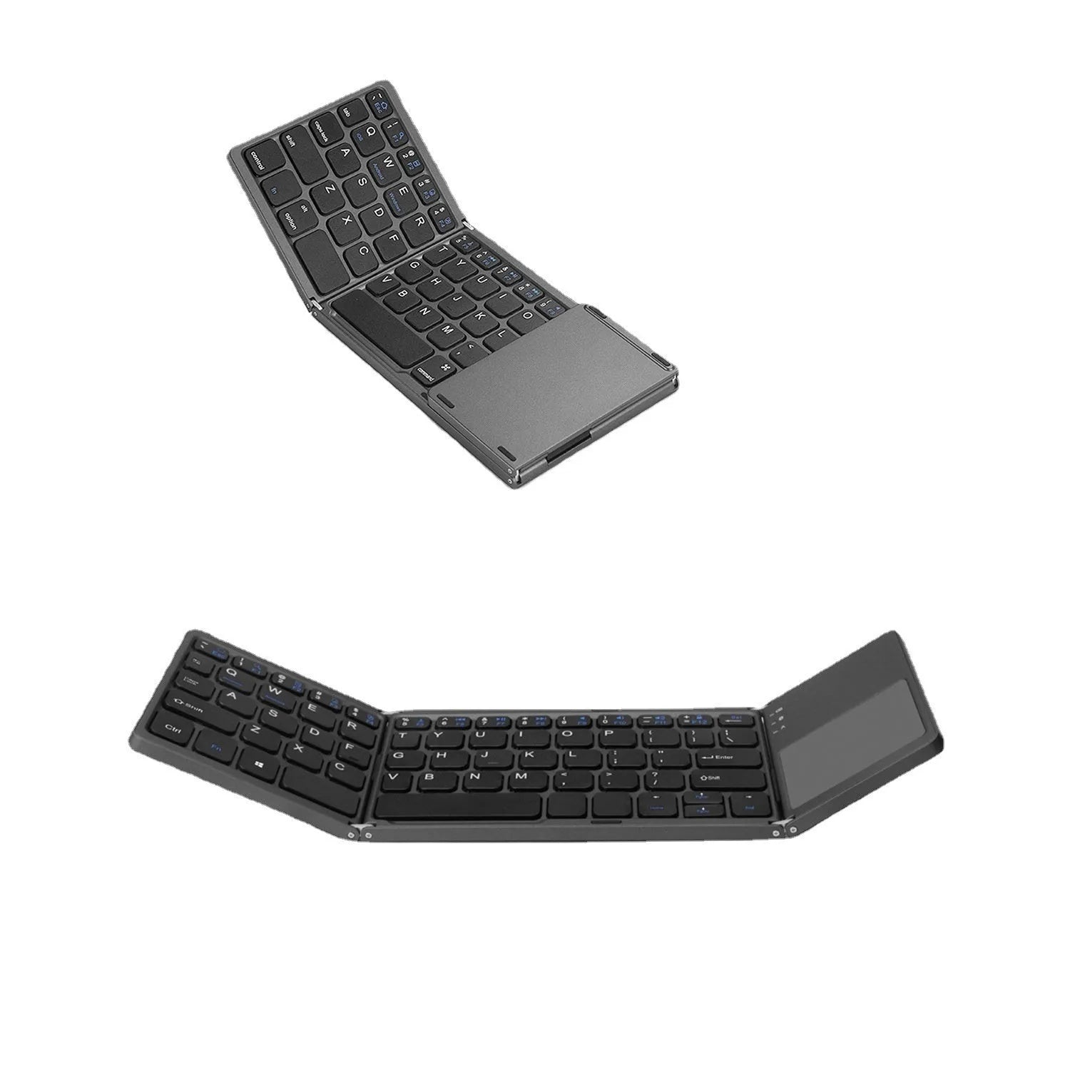 Black tri-fold Bluetooth keyboard shown folded and unfolded beside smartphone