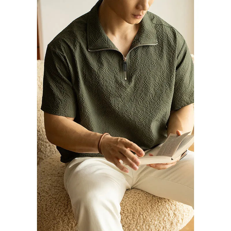 Men's cedar green loose-fit short sleeve polo shirt made from quick-drying ice silk fabric.