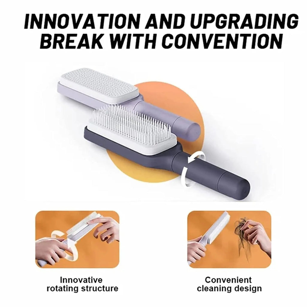 Roland purple self-cleaning hairbrush with rotating handle and anti-static massage teeth