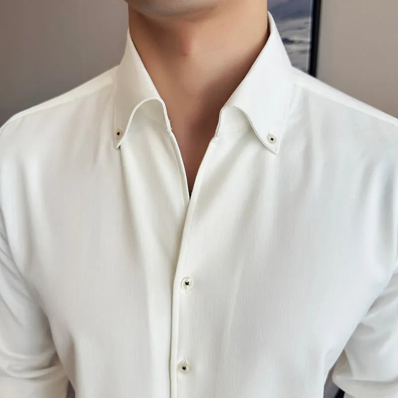 Men's slim fit long-sleeved denim shirt in black, shown in a cardigan style.