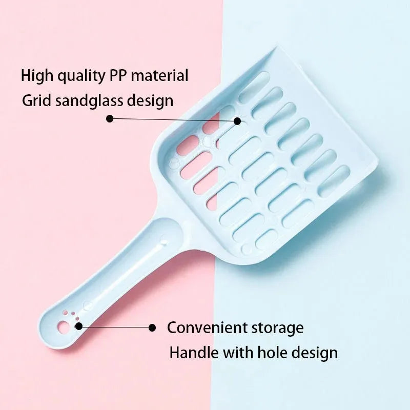 Plastic cat litter scoop in blue, green, or pink colours showing 20cm length
