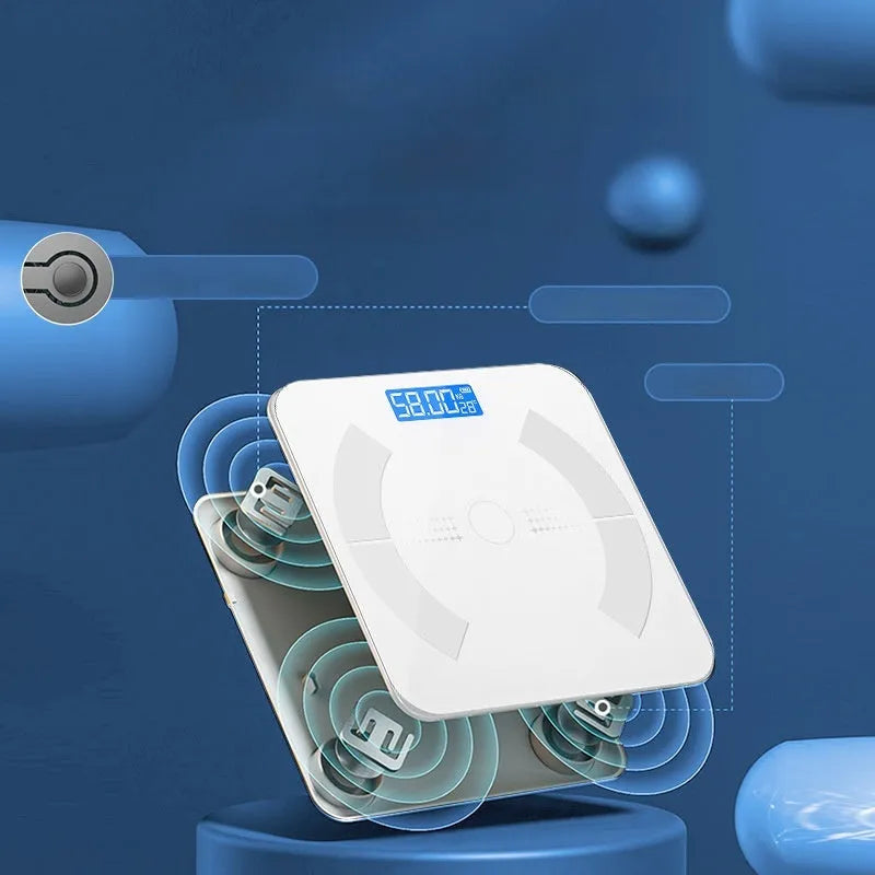 Smart Bluetooth rechargeable body fat scale in white, black, or pink on a bathroom floor.