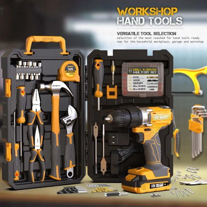 Grey yellow US style tool combo set with 82 chrome-vanadium steel pieces for furniture installation.