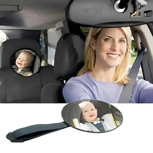 Black baby car rearview mirror with 17cm glass mounted on adjustable strap for rear-facing safety seats