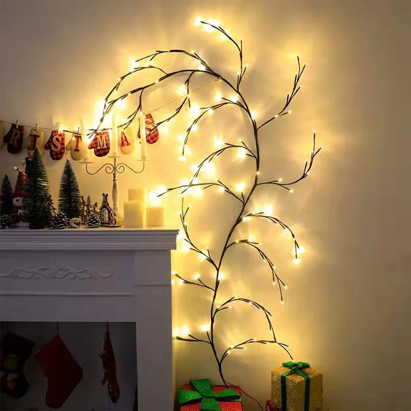 Flexible LED willow vine garland with birch bark texture and 144 warm white lights on 2.3m branch