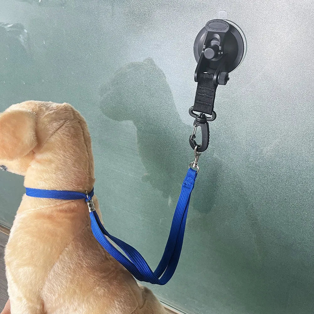 Pet bathing restraint with blue suction cups and traction rope for secure attachment during washing