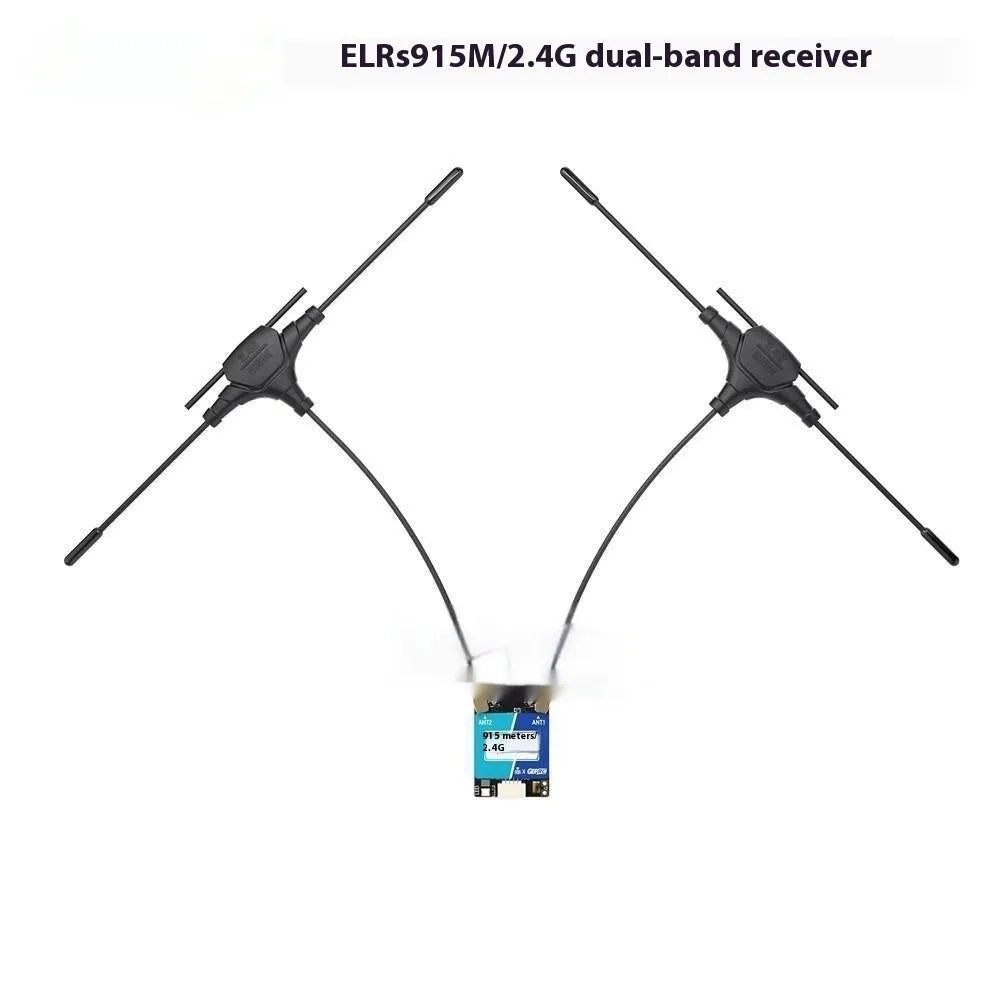 ELRS dual-band 915MHz and 2.4GHz Gemini receiver kit with T-shaped antennas and accessories for FPV drones