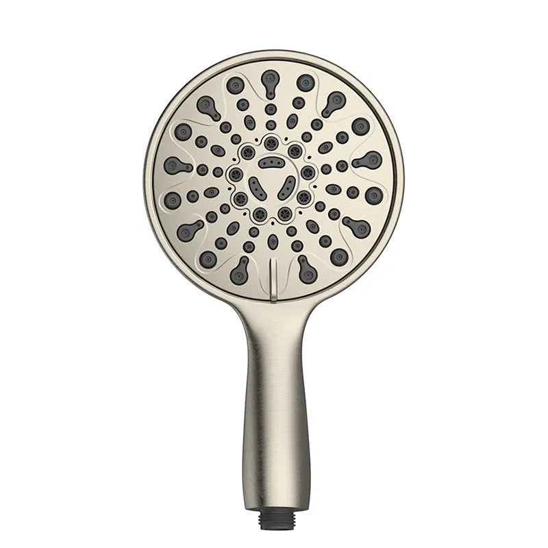 Handheld shower head with electroplated finish showing six-function selector