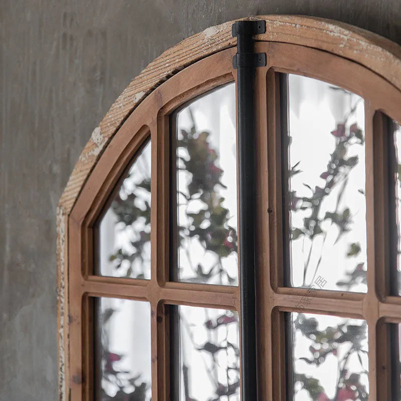 Terrace Distressed fake window wall mirror in log colour with wooden frame