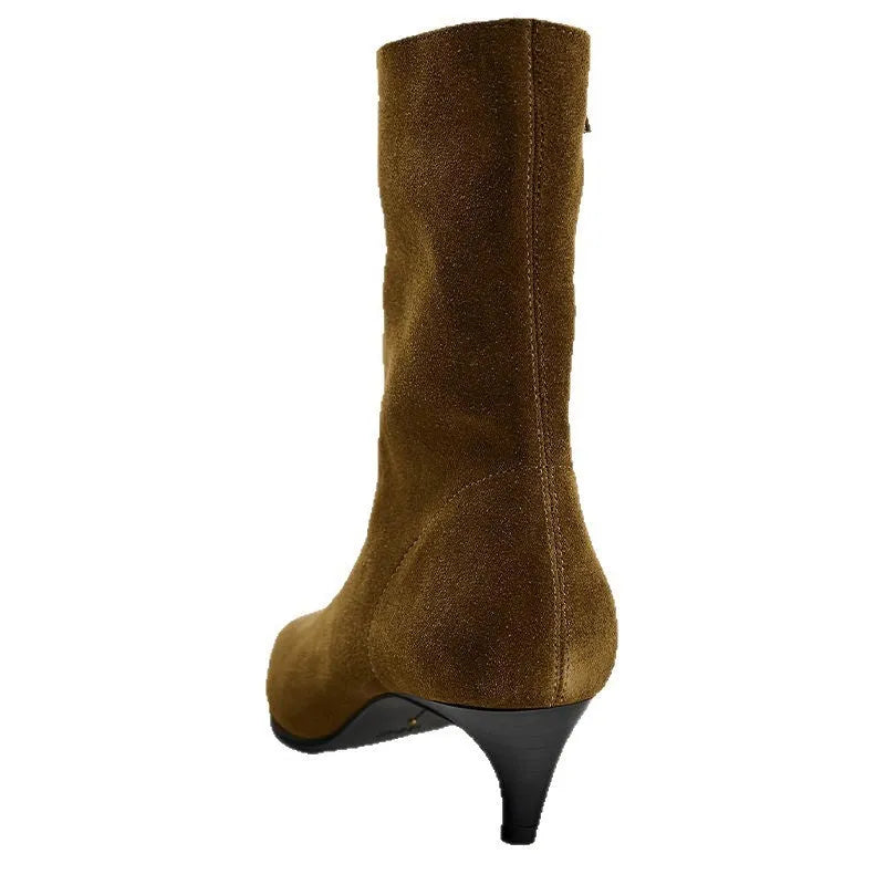 Brown square toe ankle boots with side zipper and kitten heels on a waterproof platform sole