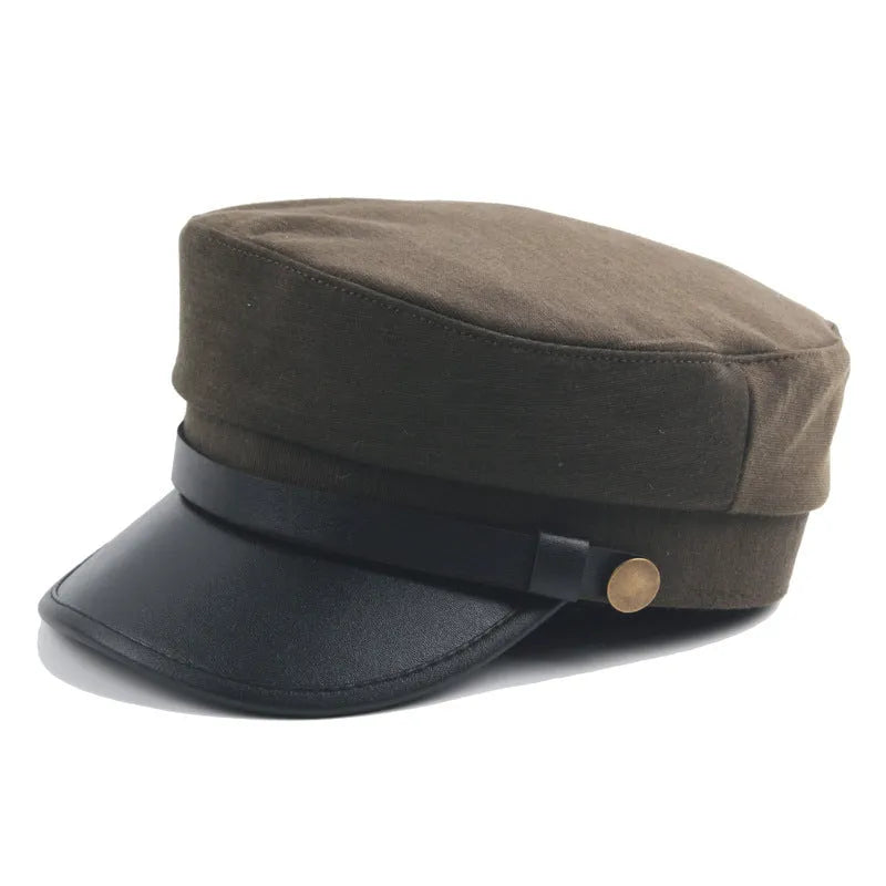 Navy imitation leather peaked cap with flat brim, dome crown, size M 56-58cm, front view