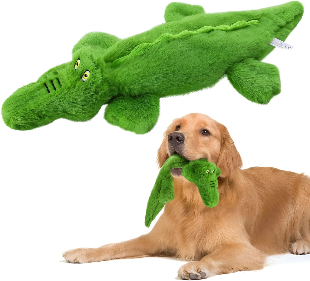 Green crocodile plush dog toy with squeaker and crinkle paper, no stuffing, for aggressive chewers.