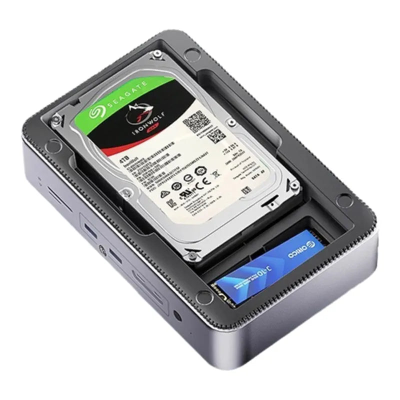 8-in-1 M.2 hard disk box docking station with USB 3.2 and Gigabit port, black aluminium alloy