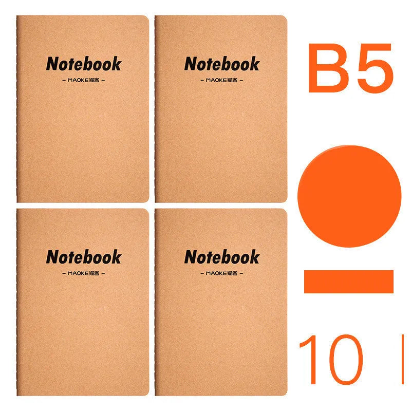 Pack of ten thread-bound A5 and B5 softcover notebooks showing multiple design styles including kraft paper and illustrated covers.