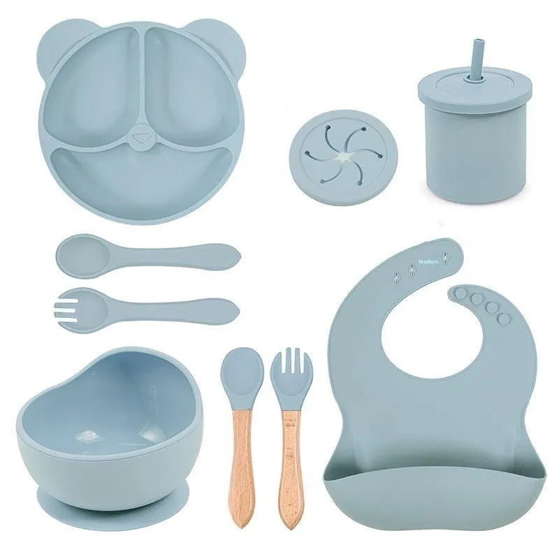 Panda Silicone children's tableware set with cat ear design cups in multiple colours on a table