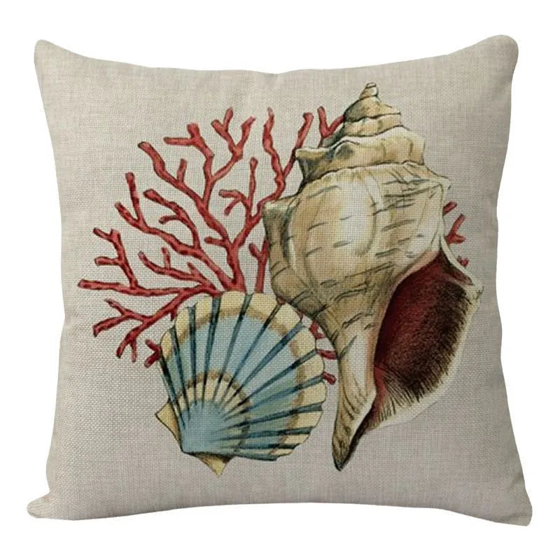 Square linen cushion cover with a detailed blue and green sea turtle print, showing the invisible zipper closure.