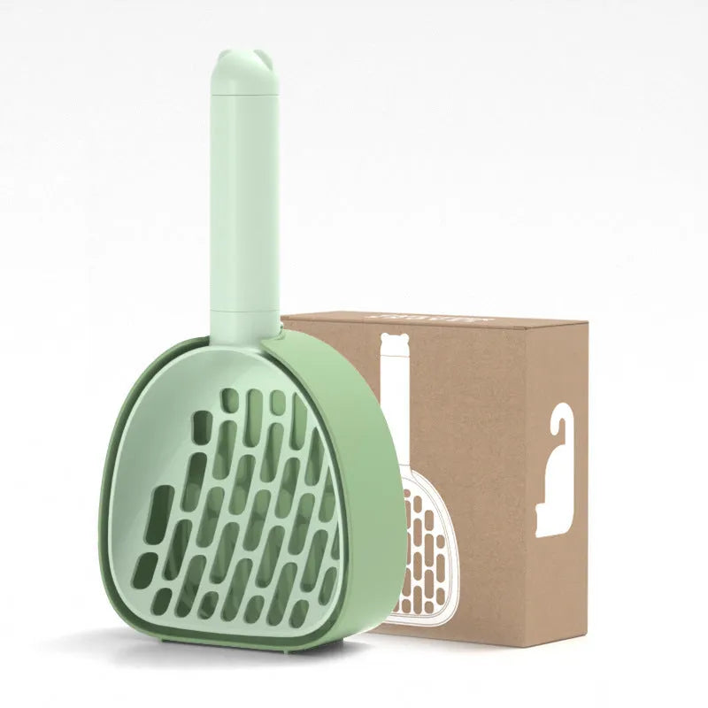 White ABS plastic cat litter scoop with storage base and hidden waste bag compartment