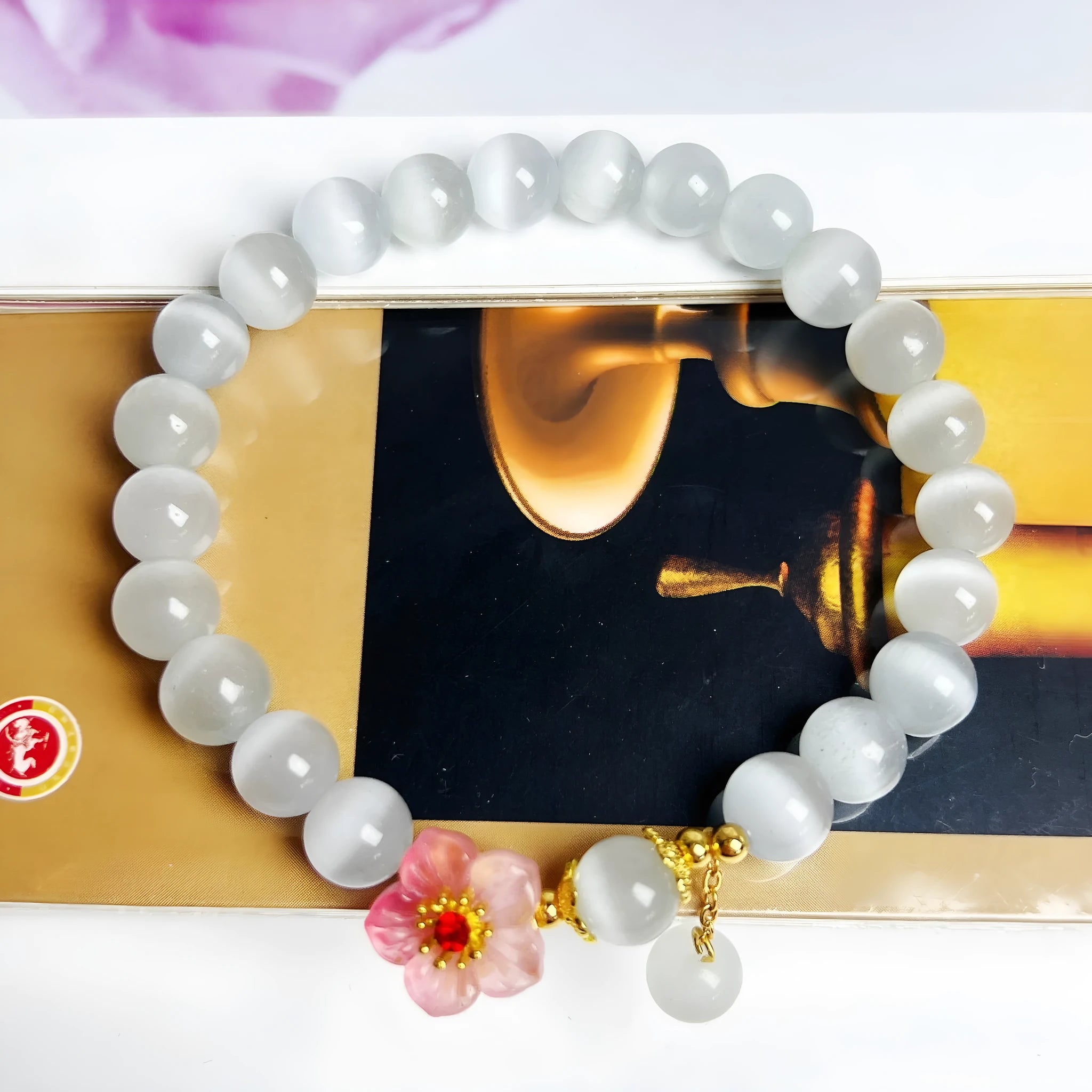 White opal flower beaded bracelet Chinese style with glass and coloured glaze beads