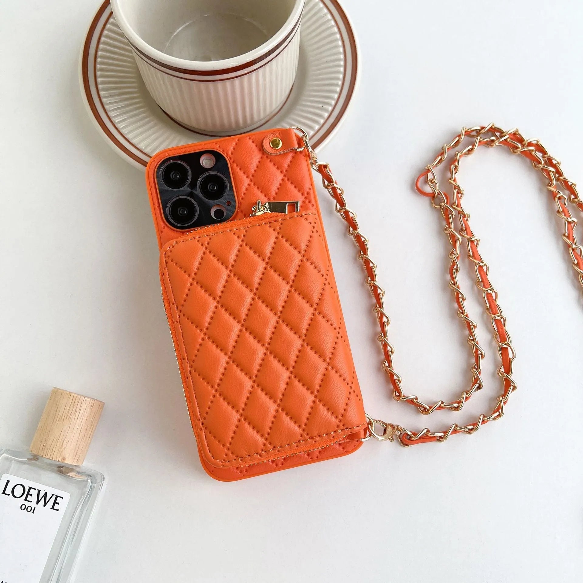 Lambskin phone case with rhombic pattern, card holder, and chain in white for Apple iPhone